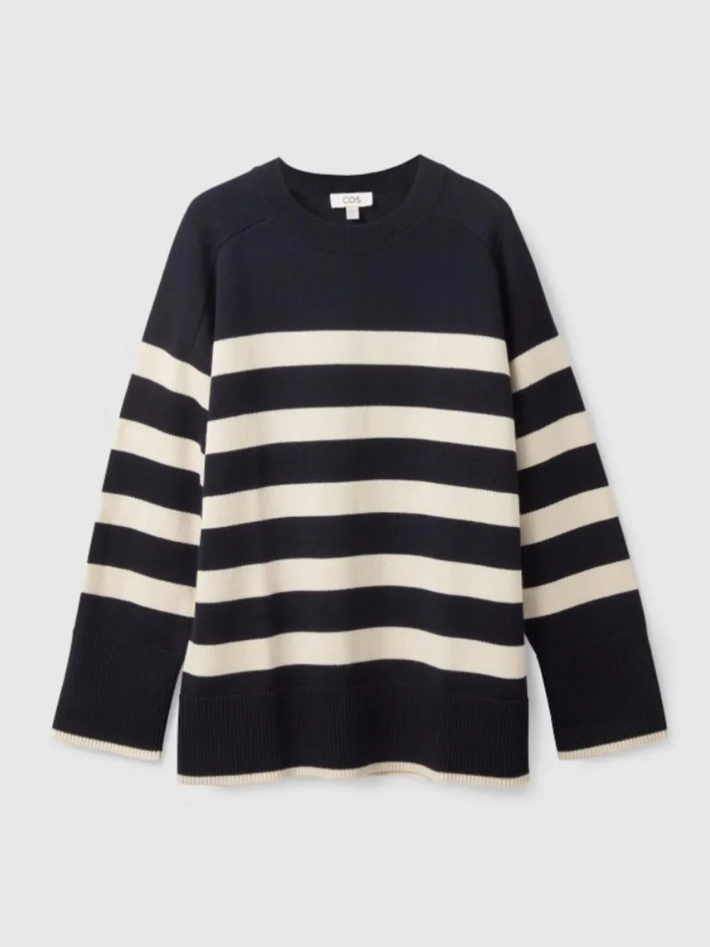 COS Oversized Striped Crewneck Jumper Sweater in Navy Blue & Cream Size Medium